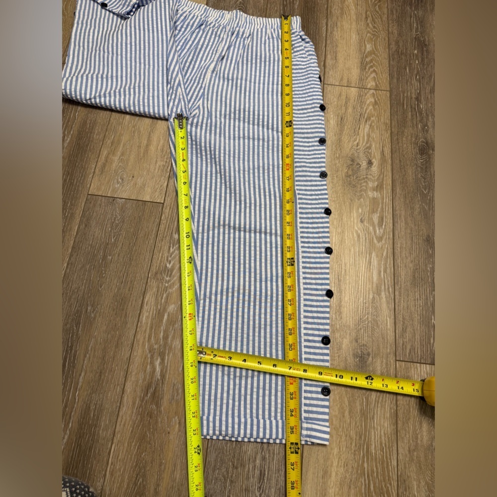 #12)  Striped Blue and White Pants with Button Accents - Picture 9 of 11
